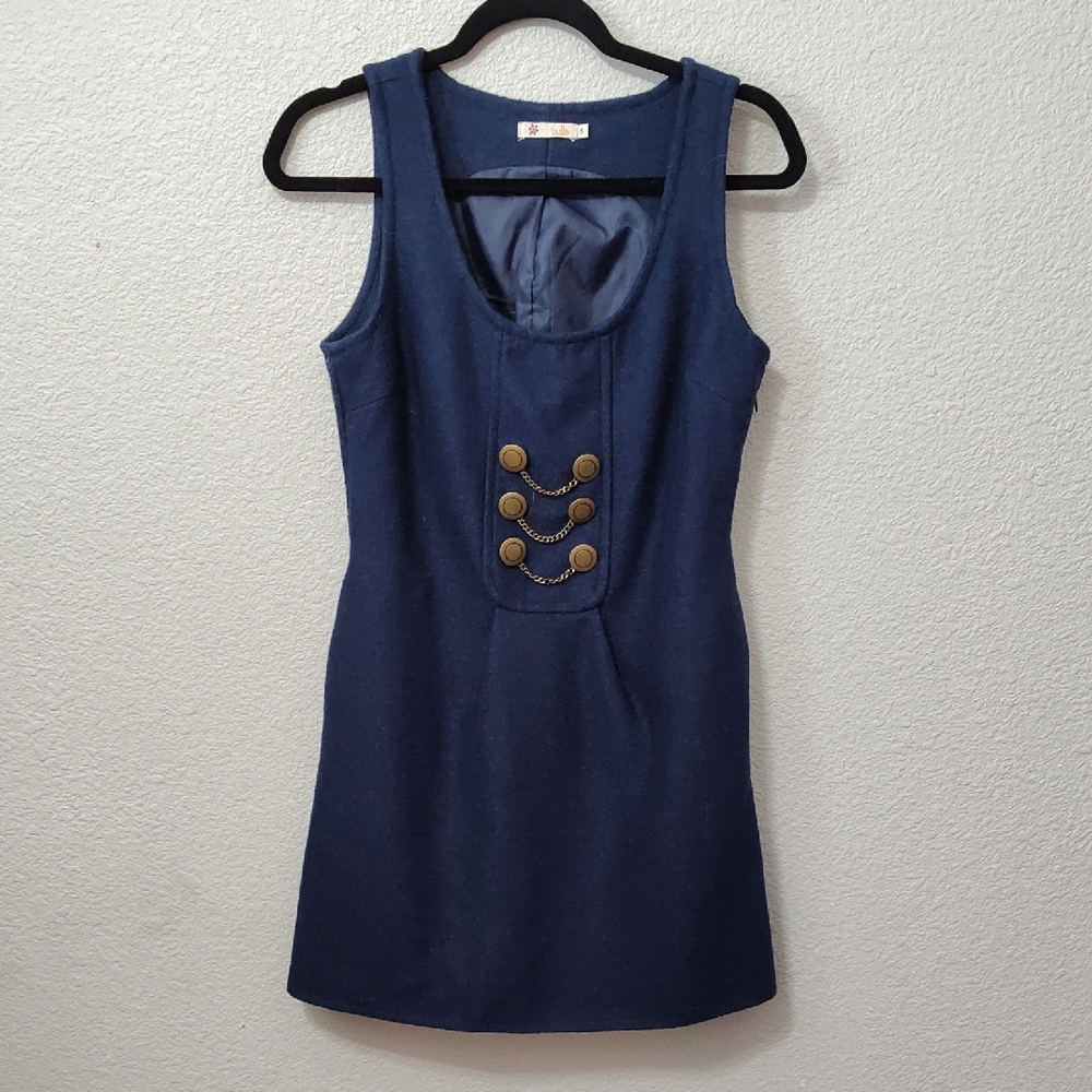 *Tulle Mini Military Academia Wool Blend Elegant Blue Lined Sleeveless Dress